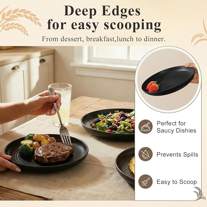 Dinner Plate 8 Inch, Unbreakable Wheat Straw Plates Set for 8, Alternatives to Plastic Plates Rusable, Microwave Safe Dessert Plate for Camping, Picnic, Party - Black