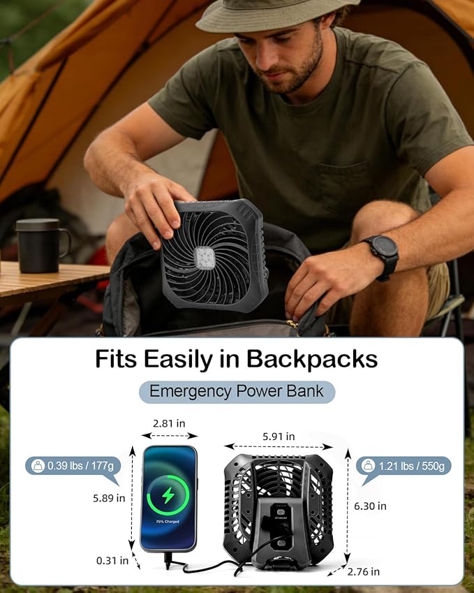 Odoland Portable Camping Fan with LED Lantern, 40H Rechargeable Battery Operated Quiet Tent Fan with Hanging Hook for RV Car Beach Outdoor Hurricane Emergency Outages