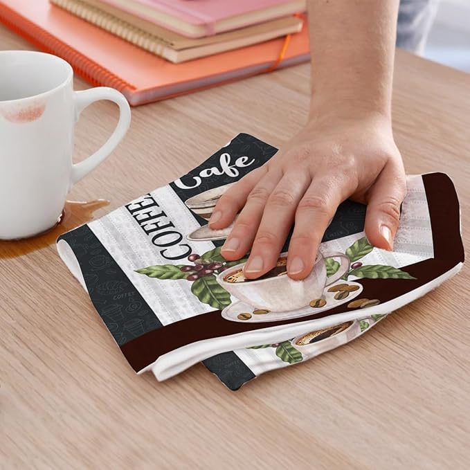 2PCS Coffee Kitchen Towels, Funny Farmhouse Rustic Reusable Absorbent Waffle Weave Dish Tea Towels for Cleaning, Microfiber Kitchen Towel for Coffee Bar Decor Housewarming Farmhouse Gift-2