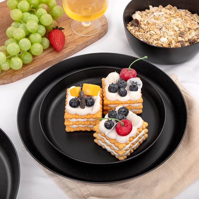 EI 12pcs Wheat Straw Dinnerware Set of 4,Plates and Bowls Sets,Plastic Plate Reuasble Unbreakable,Heavy Duty Plastic Plates for Camping,Picninc,Family Dinner