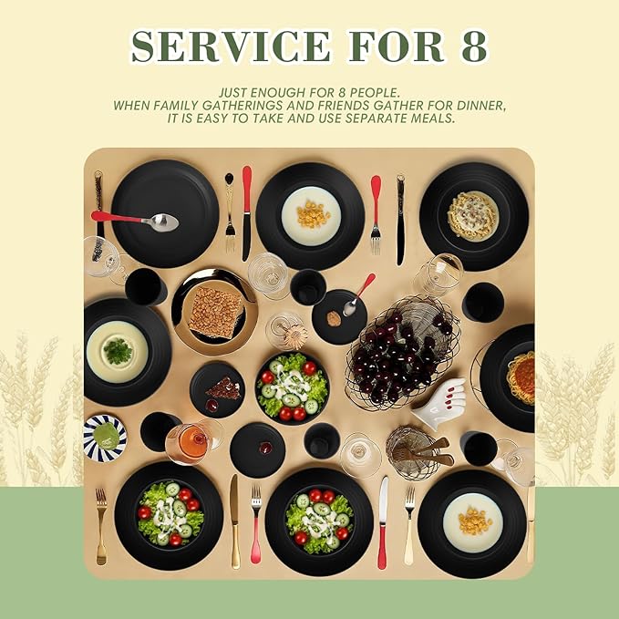 Wrova 32-piece Kitchen Alternative Melamine Wheat Straw Dinnerware Sets,Unbreakbale Dishwasher Safe Kitchen Bowls and Plates Sets with Cups,Apartment Essential Dishes Set for 8.Black Series