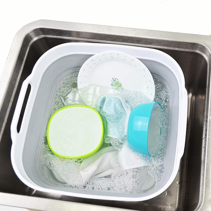 SAMMART 10L (2.64 gallon) Collapsible Dishpan with Draining Plug - Foldable Washing Basin - Portable Dish Washing Tub - Space Saving Kitchen Storage Tray (2, White/Grey)