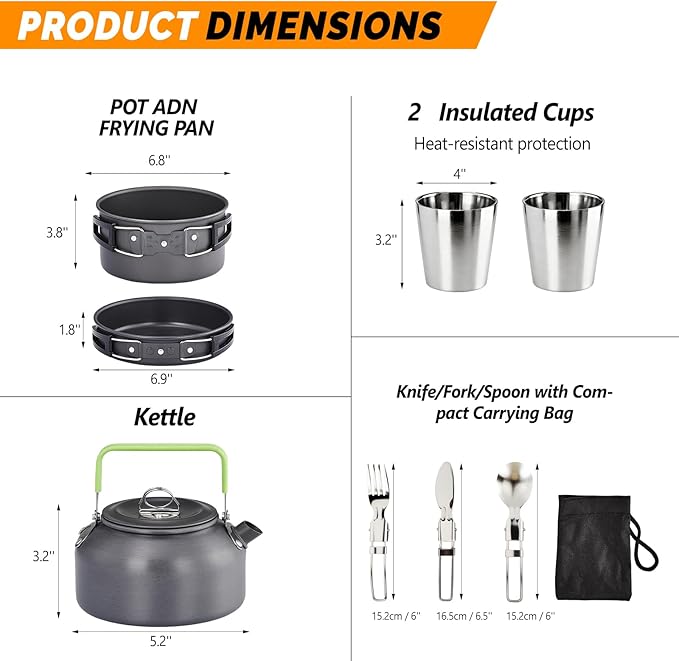 ROVSUN 34/10/6 pcs Camping Cookware Mess Kit, Lightweight Non-Stick Camping Cooking Pot and Pan Set with Stainless Steel Camping Gear Kettle Cup for Open Fire, Backpacking, Outdoor Cooking