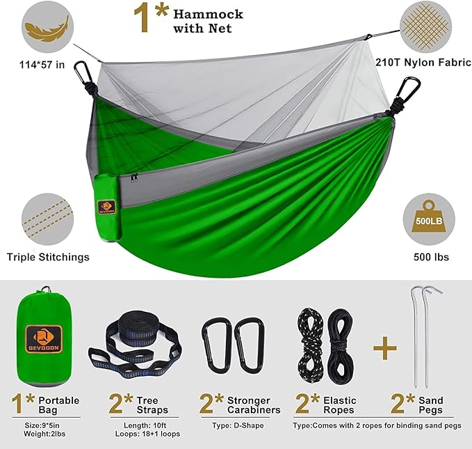 Qevooon Camping Hammock with Net,Portable Lightweight Double Hammocks with Tree Straps and Solid D-Shape Carabiners,Parachute Nylon Hammock for Backpacking Beach Backyard Patio Hiking Green&Grey