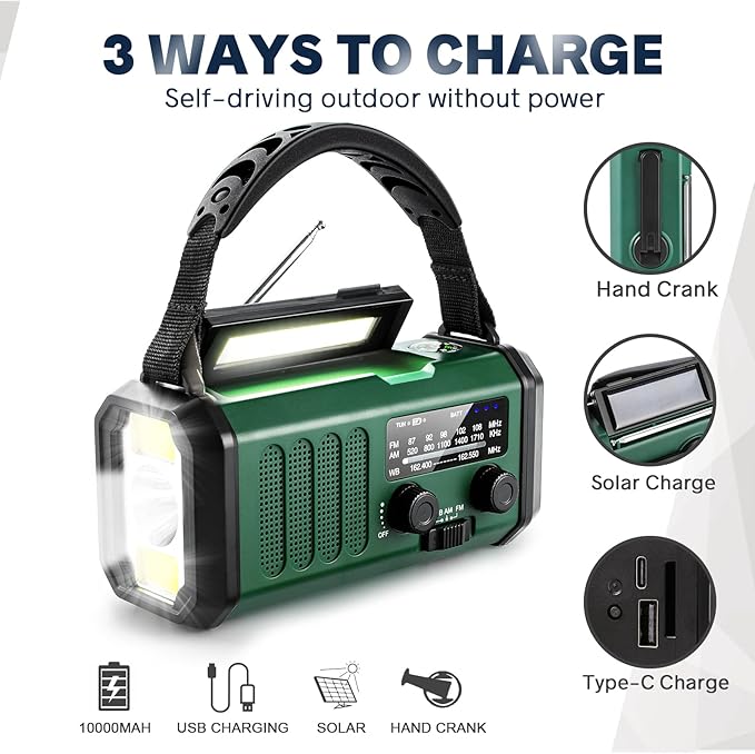 Hand Crank Emergency Radio, NOAA Weather Radio with AM/FM Solar Radio,10000mAh Rechargeable Battery Powered, USB-C Charger, Flashlight, SOS Alarm, for Camping, Hurricanes Outdoor Survival Emergencies