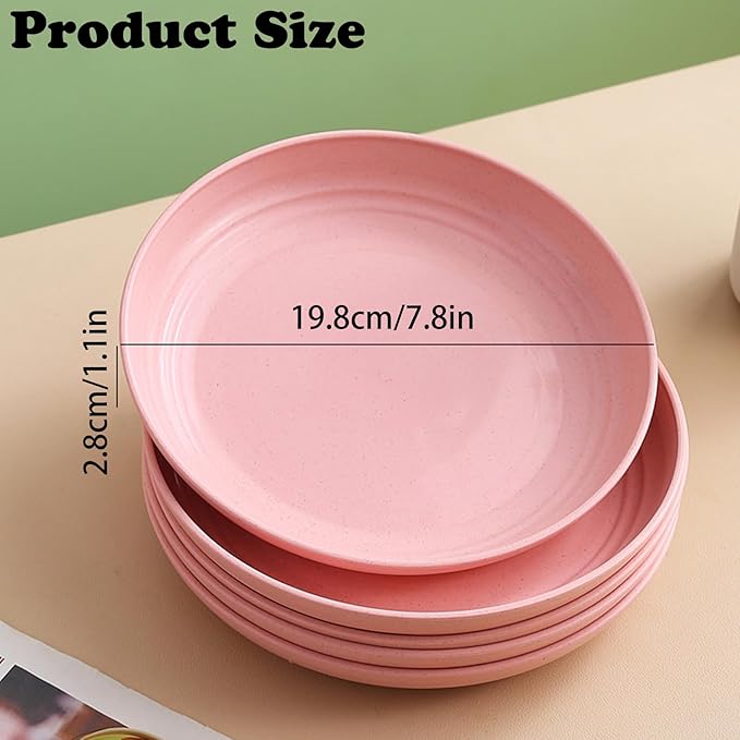Wheat Straw Plates, Unbreakable Dinner Plates Set of 4, 8 Inch Plastic Plate Reusable, Dishwasher & Microwave Safe, Lightweight Salad Plates for Camping/Kitchen (Pink)