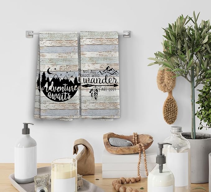 Camping Dish Towels, Camping Gifts for Women Men, Camping Decor for Camper, RV Accessories, Adventure Awaits Decoration Hand Tea Towels, Set of 2, 16x24
