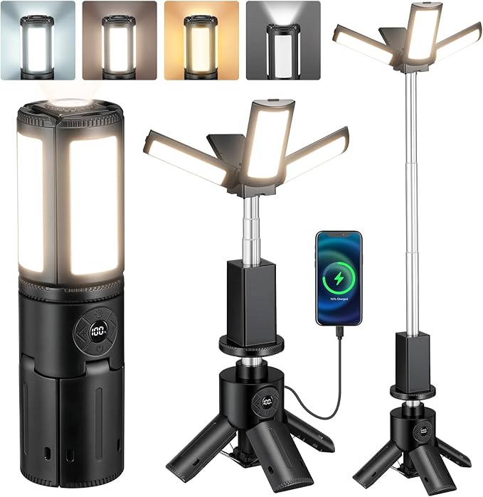 Telescopic Camping Light, 12000mAh Rechargeable Camping Lights Portable with Stand Collapsible Outdoor Camping Lanterns 7200/5000/3600K Dimmable IPX5 Waterproof for Camping Hiking Emergency