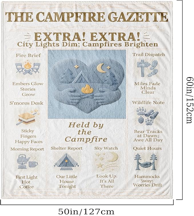 Camping Blanket Gifts 60×50 in Lightweight Packable Warm Throw, Campfire Theme Tent & Pines Design, Cozy Outdoor Travel RV/Trailer Cabin Decor, Gifts for Campers