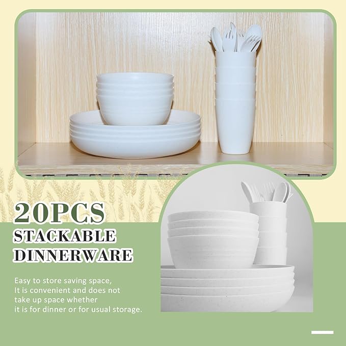 Wrova Wheat Straw Dinnerware Sets with Flatwares,20-piece Dishwasher Safe Kitchen Plates and Bowls Set,Unbreakable Modern Dish Set Apartment Essentials and Dorm Essentials.(White)