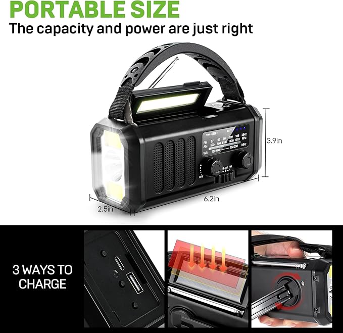Leaton Emergency NOAA Weather Radio, 10000mAh/37000mWh, Solar Hand Crank Radio with AM/FM, Flashlight Reading Light, Rechargeable Battery, for Camping Safety & Survival Equipment Outdoor Emergencies