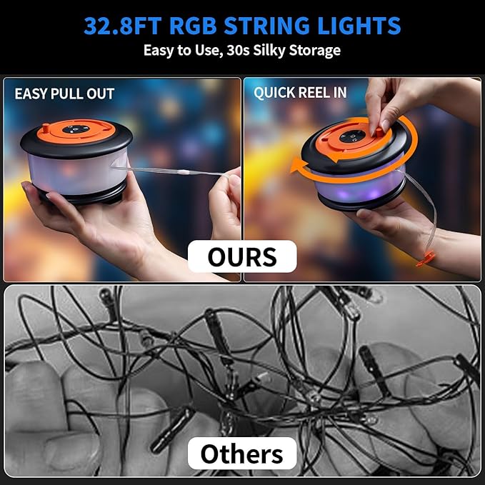 Zocelight Camping String Lights,2 in 1 Upgraded 32.8FT Rechargeable Tent Lights String with 19 Lighting Modes,Quick Storage，Portable LED Lamp for Bedroom Yard Decor Christmas Camping Essentials