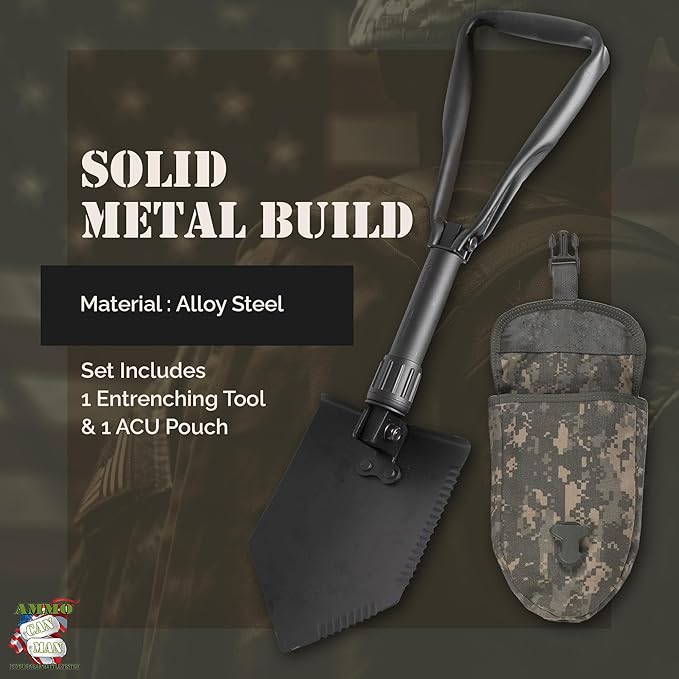 2 Piece Military Grade Entrenching Tool Set – Tri Fold Metal Alloy Foldable Camping Shovel w/ACU Pouch – Compact, Multipurpose Collapsible Shovel – Versatile Survival Gear for Outdoor Enthusiasts