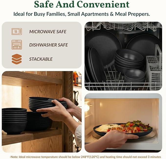 Homienly Plates and Bowls Sets, 40-Piece Modern Wheat Straw Dinnerware Sets for 8 Unbreakable Kitchen Dinner Set Microwave and Dishwasher Safe Dishes Set for Apartment, Party, Outdoor, RV (Black)