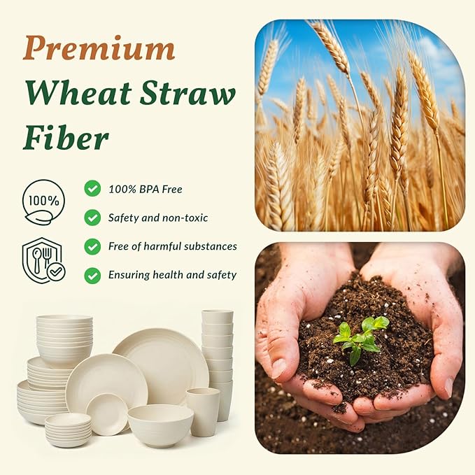Homienly Wheat Straw Dinnerware Sets 40 PCS Plates and Bowls Sets with Cup Set and Dipping Bowls, Unbreakable Camping Dishes Microwave and Dishwasher Safe Dinnerware Set for Dinner, Outdoor (Beige)