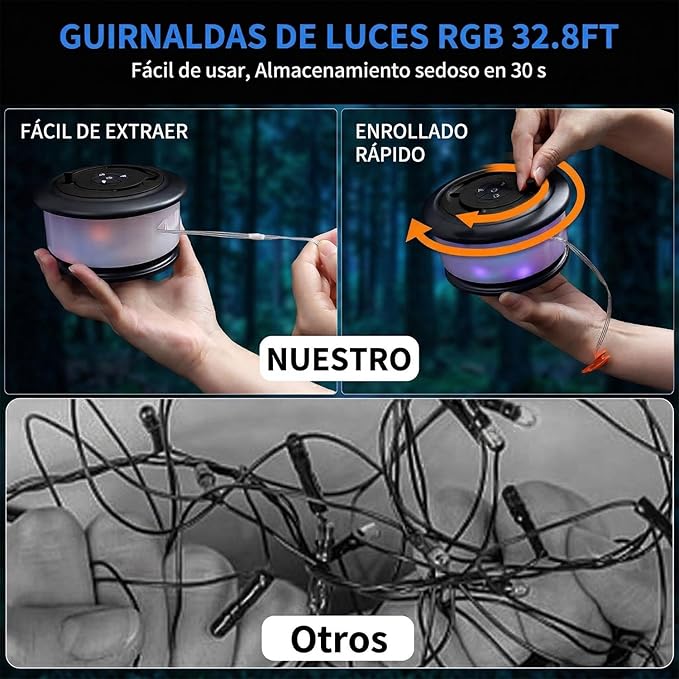 Camping String Lights,2 in 1 Upgraded 32.8FT Rechargeable Tent Lights String with 19 Lighting Modes,Quick Storage camping lights，Portable LED Lamp for Bedroom Yard Decor Christmas Camping(Black)