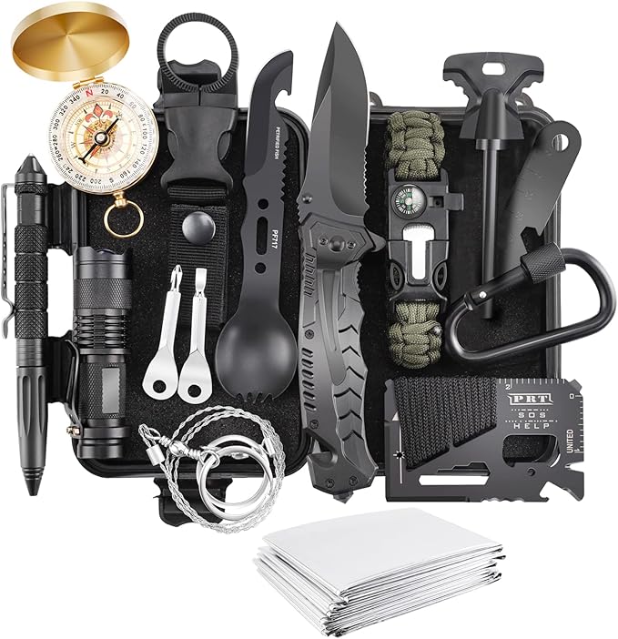Survival Kit 17 in 1, Survival Gear and Supplies for Adult Teen Men, Survival Case, 2025 Xmas Holiday Surprise Gift for Fishing Hunting Camping Outdoor Adventure Gifts for Men Christmas
