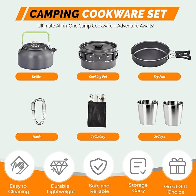 ROVSUN 34/10/6 pcs Camping Cookware Mess Kit, Lightweight Non-Stick Camping Cooking Pot and Pan Set with Stainless Steel Camping Gear Kettle Cup for Open Fire, Backpacking, Outdoor Cooking