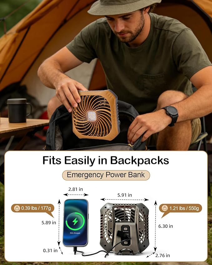Odoland Portable Camping Fan with LED Lantern, 40H Rechargeable Battery Operated Quiet Tent Fan with Hanging Hook for RV Car Beach Outdoor Hurricane Emergency Outages