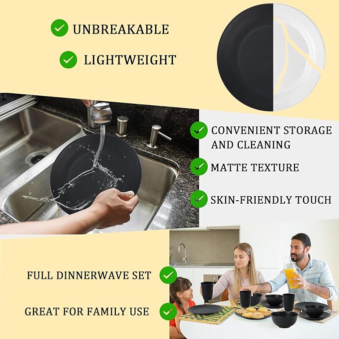 PYRMONT 40 PCS Plates and Bowls Set Wheat Straw Plate Bowl Set Unbreakable Dishes Set for 8 Dishwasher & Microwave Safe Dinner Sets for Kitchen,New House,Dorm-Black