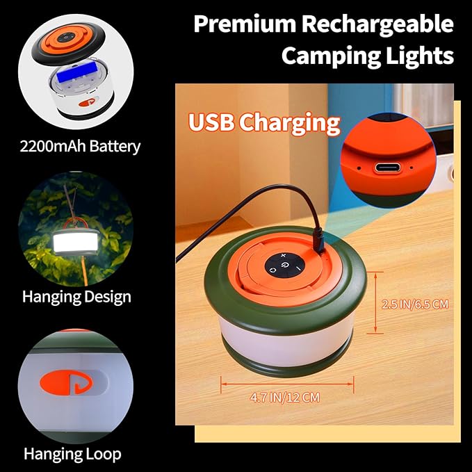 Camping String Lights, Rechargeable Tent Lights String with 6 Lighting Modes, 32.8 FT LED Hanging Waterproof Camping Lamp String for Garden, Travel, Decoration Festival Gift (Green Orange)