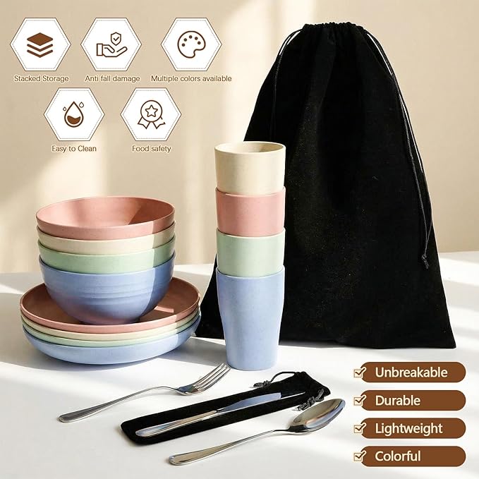 Teenyyou 4 Sets Camping Mess Kits for 4 Person Camping Silverware Set Include Cup, Bowl, Plate, Knife, Spoon, Fork Cutlery Set Unbreakable Wheat Straw Dinnerware Utensils for Travel