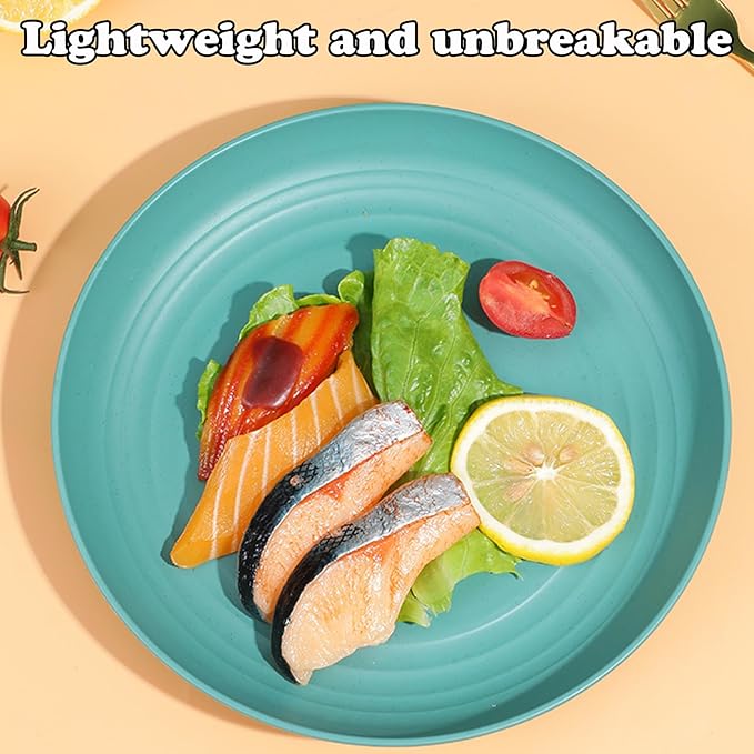 Wheat Straw Plates, Unbreakable Dinner Plates Set of 4, 8 Inch Plastic Plate Reusable, Dishwasher & Microwave Safe, Lightweight Salad Plates for Camping/Kitchen (Dark Green)