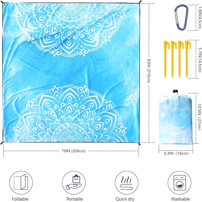 WIWIGO Beach Blanket Waterproof Sandproof Beach Mat 79" X 83"/10'x9'for 2-8 Adults Quick Drying Outdoor Picnic Mat Beach Accessories for Travel, Camping, Hiking