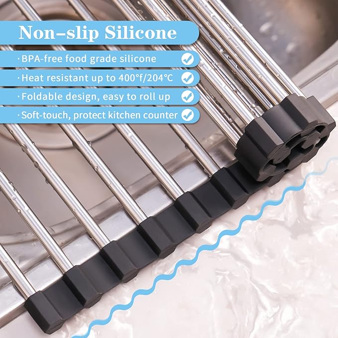 Seropy Roll Up Dish Drying Rack Over the Sink Drying Rack for Kitchen Counter, Rolling Dish Rack Over Sink Mat, Foldable Dish Drainer Stainless Steel Rack Kitchen Organization Gadgets 17.5"x11.8"
