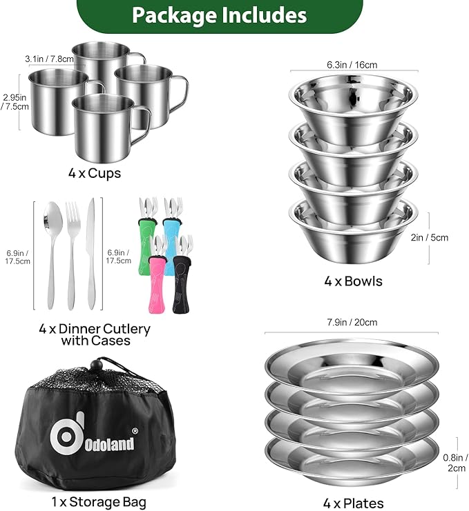 Odoland 29pcs Stainless Steel Utensils Camping Mess Kits with Bowls Plates Cups Forks Spoons and Knives for 4, Camping Cutlery Set for Backpacking, Outdoor Hiking and Picnic