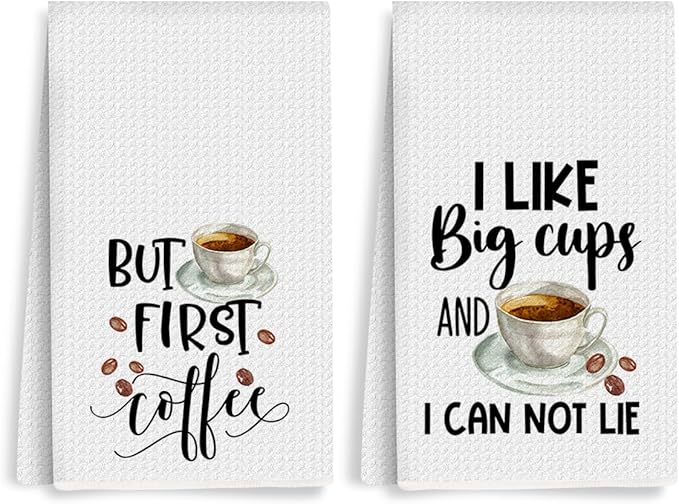 2PCS Coffee Kitchen Towels, Funny Farmhouse Rustic Reusable Absorbent Waffle Weave Dish Tea Towels for Cleaning Cooking Baking, Microfiber Kitchen Towel for Coffee Bar Decor Housewarming Gift