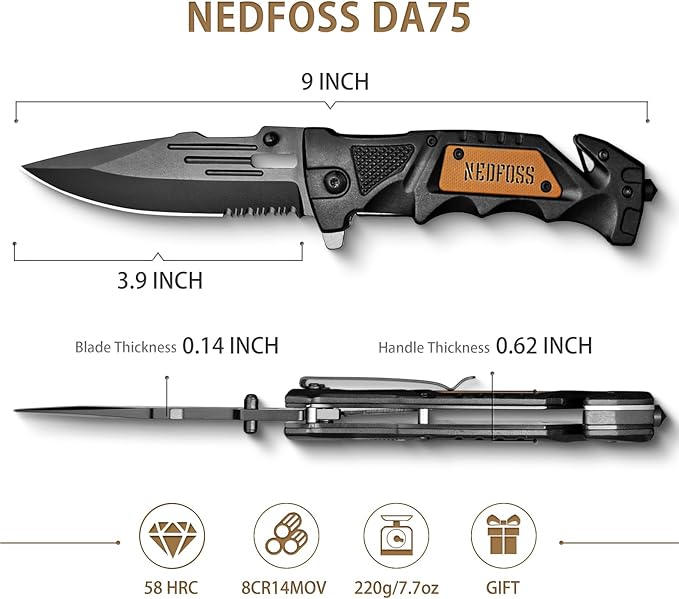 NedFoss Pocket Folding Knife Gift for Men DA75, 3 in 1 Pocket Knife for Men, 3.9” Serrated Blade, Cool knives for Dad Fathers Day, Survival Knife with Liner-Lock Belt Clip, Seat Belt Cutter, Glass Breaker, Tacical Gear, Hunting knife for Camping Hiking...