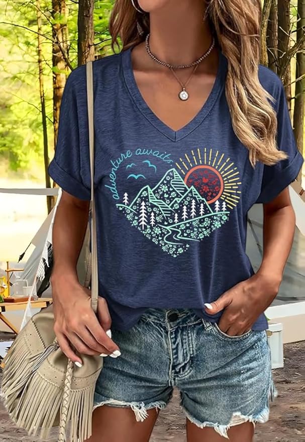 Graphic V Neck Shirt for Women Boho Floral Wildflowers Tee Casual Cottagecore Summer T-Shirt Blouse
