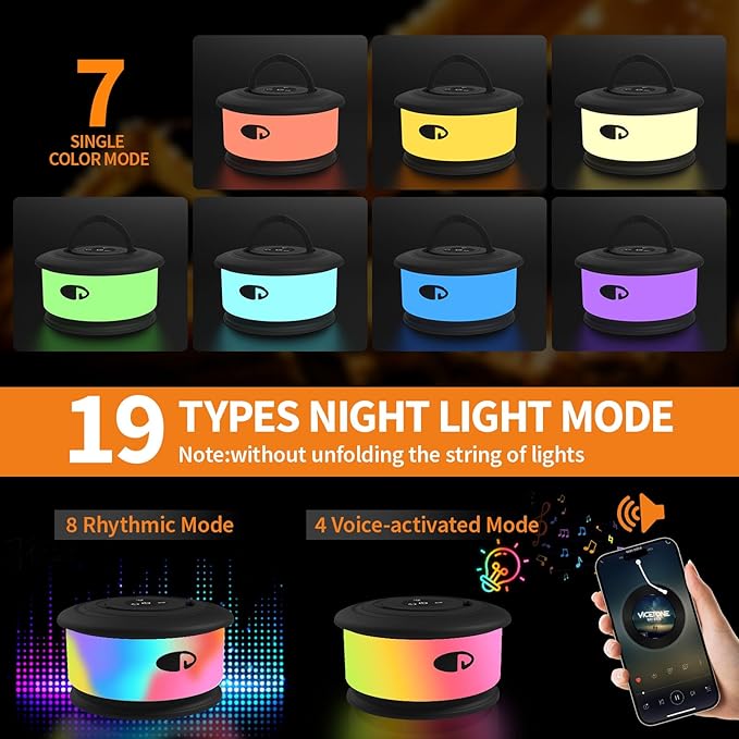 TOHETO 2-Pack Camping String Lights, 3 in 1 Upgraded Retractable RGB Outdoor String Lights with 19 Lighting Modes, Quick 30s Recovery, 32.8 FT Portable Tent Light, Rechargeable Camping Lantern (Black)