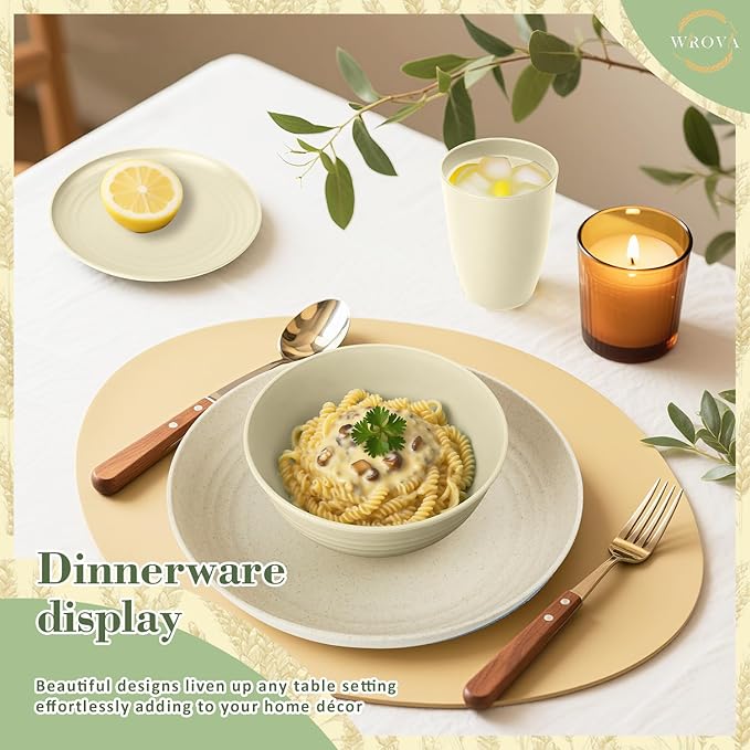 Wrova Wheat Straw Dinnerware Sets of 32,Dishwasher Safe Alternative Plastic Dishes Set Service for 8,Unbreakable Dinner Plates and Bowls Sets for Kitchen,Party,Camping,RV. Beige