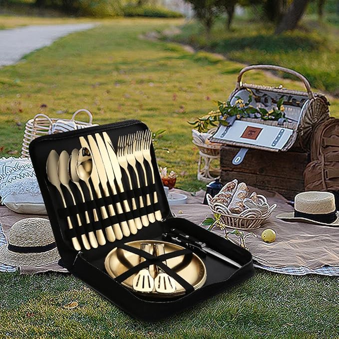 Picnic Dishes Utensils Gold Camping Flatware Set for 4 Portable Dinnerware Plates Silverware Forks Spoons knives Bottle Opener Food Tongs Complete Kit with Zipper Bag