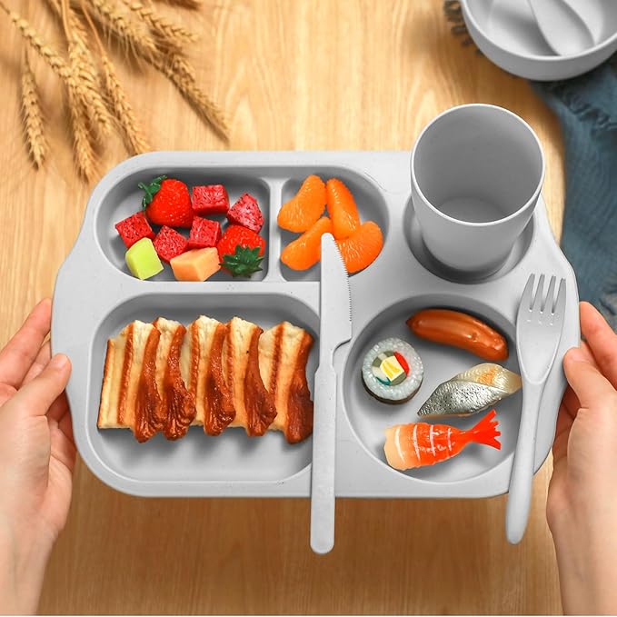 24 Pcs Wheat Straw Dinnerware Cutlery Set for Adult Including Divided Plates Microwave Dishwasher Safe Bowl Unbreakable Tableware Straw Cutlery Spoon Knife Fork(Dark Color)