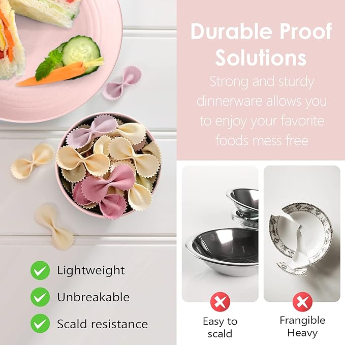 Teivio 16-Piece Kitchen Plastic Wheat Straw Dinnerware Set, Service for 4, Dinner Plates, Dessert Plate, Cereal Bowls, Cups, Unbreakable Plastic Outdoor Camping Dishes,Pink