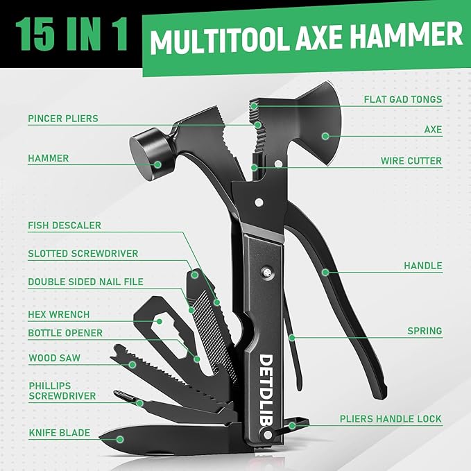 15-in-1 Multitool Axe Hatchet, Birthday Gifts for Men, Essential for Camping, Hiking, Cool Gadget, Gifts for Men. Women, Dad, Him, Husband, Father, Mechanic, Boyfriend, Black