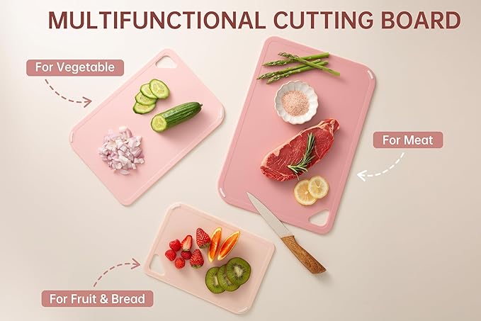 THETCHRY Plastic Cutting Board Set, Pink Cutting Board with Non-slip, Cutting Board for Kitchen Set of 3, Dishwasher Safe, BPA Free, Reversible, with Grip Handle, Pink
