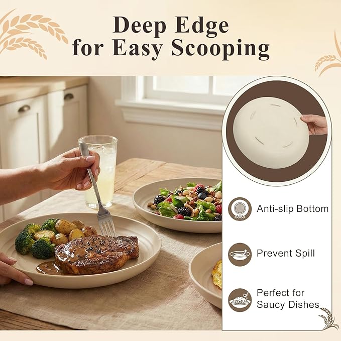 Large Dinner Plates Set for 8, Wheat Straw Plate 11 Inch, Unbreakable & Lightweight Serving Plates, Microwave & Dishwasher Safe Big Plate for Restaurant, Camping, Kitchen - Beige