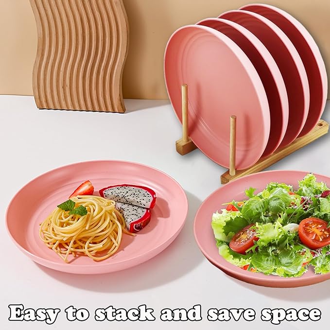 Wheat Straw Plates, Unbreakable Dinner Plates Set of 4, 8 Inch Plastic Plate Reusable, Dishwasher & Microwave Safe, Lightweight Salad Plates for Camping/Kitchen (Pink)