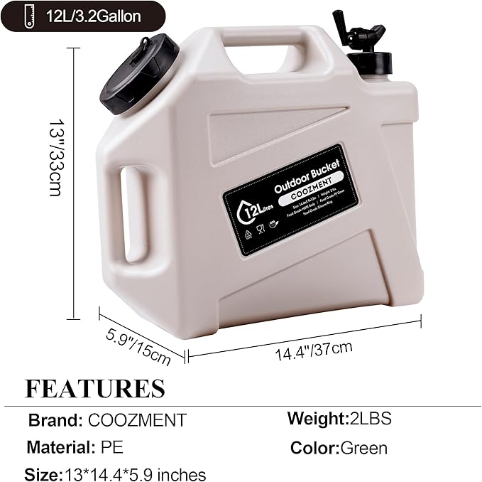 COOZMENT 3.2 Gallon/5 Gallon Water Containers with Spigot, BPA Free Water Jug, Military Green Water Tank, Multifunction Water Storage Containers for Camping Outdoor Hiking,Emergency Stroage