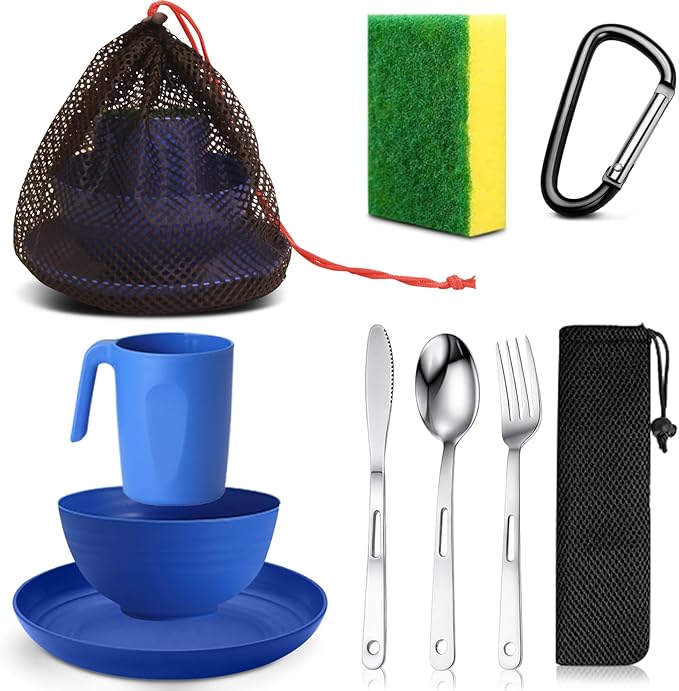 Scout Camping Mess Kit for Person Boy Scout Dishes Set Girl Scout Mess Kit with Mesh Bag Reusable Light Weight Eating Utensils Plastic Camping Cutlery Set for Travel Camp