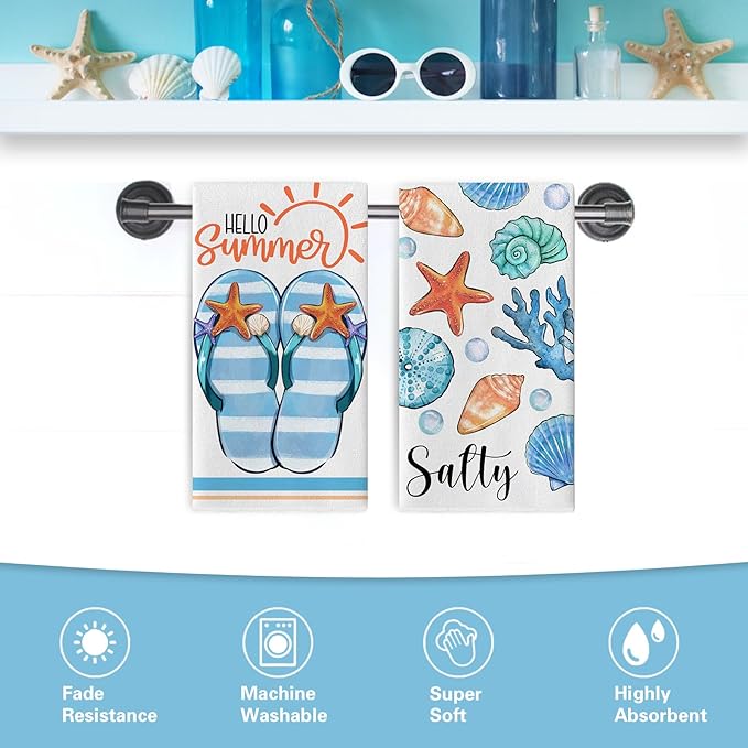 Hello Summer Flip Flops Kitchen Dish Towels Set of 2, Beach Coastal Starfish Conch Coral Drying Hand Towels Baking Cooking Cloth, Sun Bubble Salty Nautical Home Kitchen Decoration 18 x 26 in