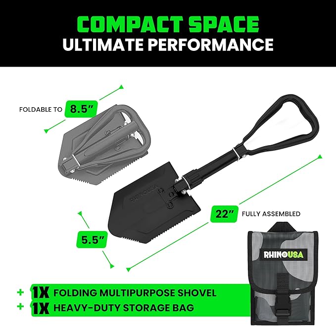 RHINO USA Folding Survival Shovel w/Pick - Heavy Duty Carbon Steel Military Style Entrenching Tool for Off Road, Camping, Gardening, Beach, Digging Dirt, Sand, Mud & Snow.