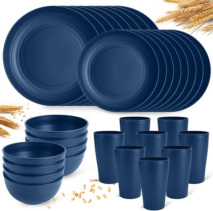 Blue Dinnerware Sets for 8,Blue Plates and Bowls Sets Plastic,Wheat Straw Dinnerware Sets Unbreakable Microwave Safe Lightweight,32 Pcs Dishes Set for 4th of july Apartment Essentials Dorm