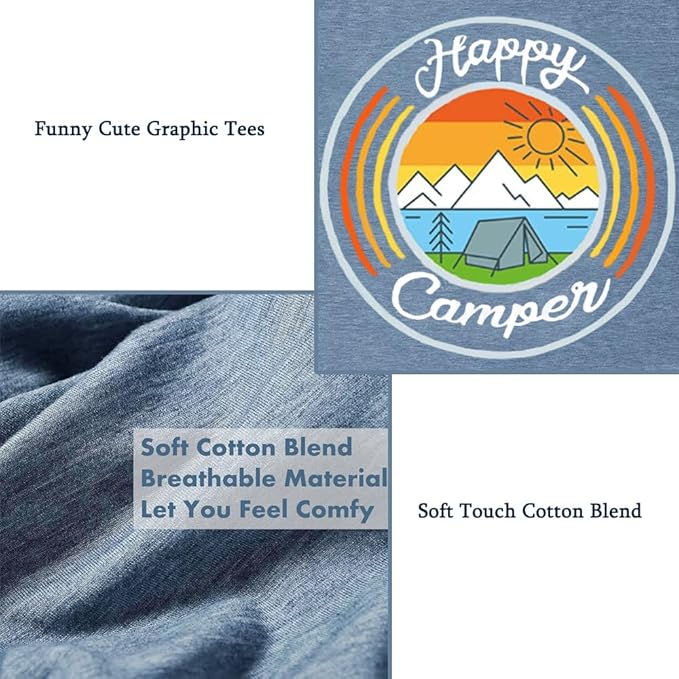 Happy Camp T-Shirt Women Hiking Mountain Adventure Novelty Workout Funny Saying Cute Graphic Athletic Shirt