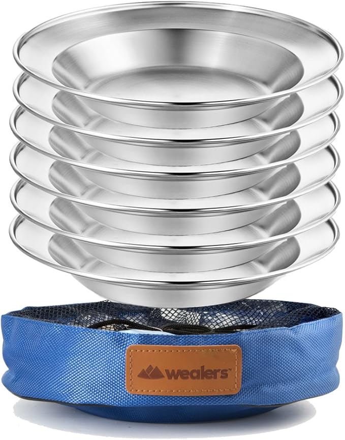 Wealers Stainless Steel Plate Set - 8.5 inch Ultra-Portable Dinnerware Set BPA Free Plates for Outdoor Camping | Hiking | Picnic | BBQ | Beach