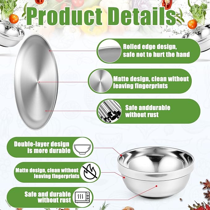 Sunnyray 10 Sets Stainless Steel Plates and Bowls 6.7, 10.2 Inch Metal Camping Plates Reusable 13oz Steel Snack Bowls Feeding Serving Dinner Dishes Double Walled Insulated for Men Women Kids